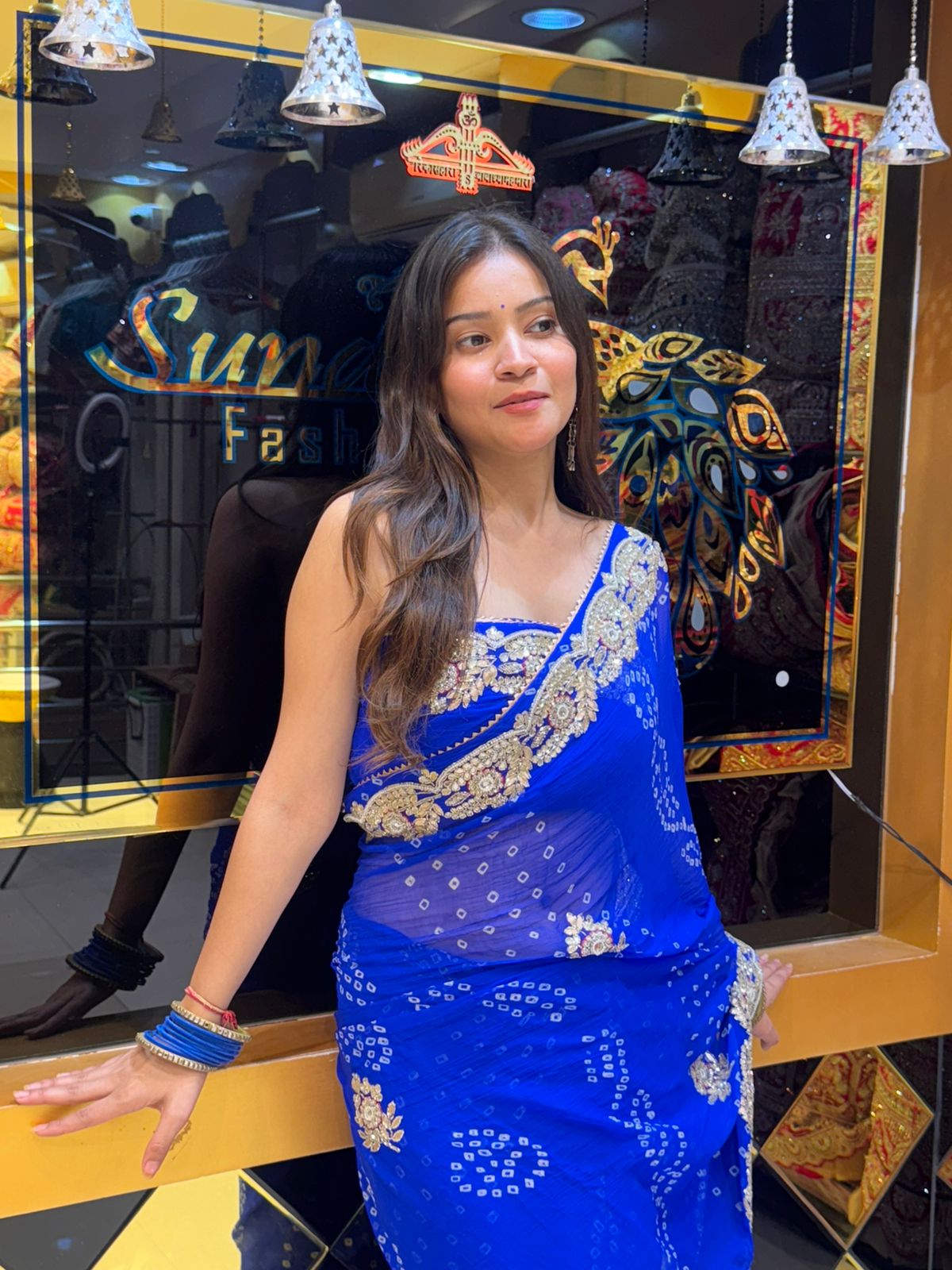 Blue Bandhej Pure Chiffon Gotapati Work Saree (124)