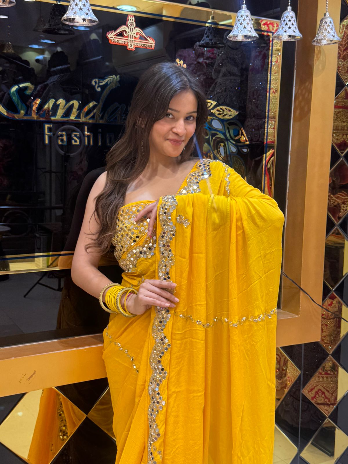 Bright Yellow MirrorWork Saree (814)