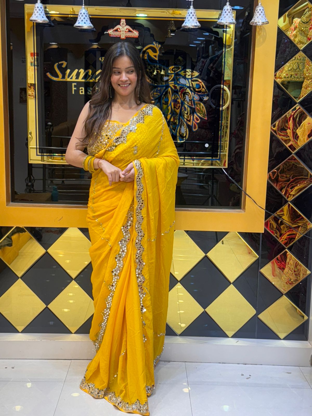 Bright Yellow MirrorWork Saree (814)