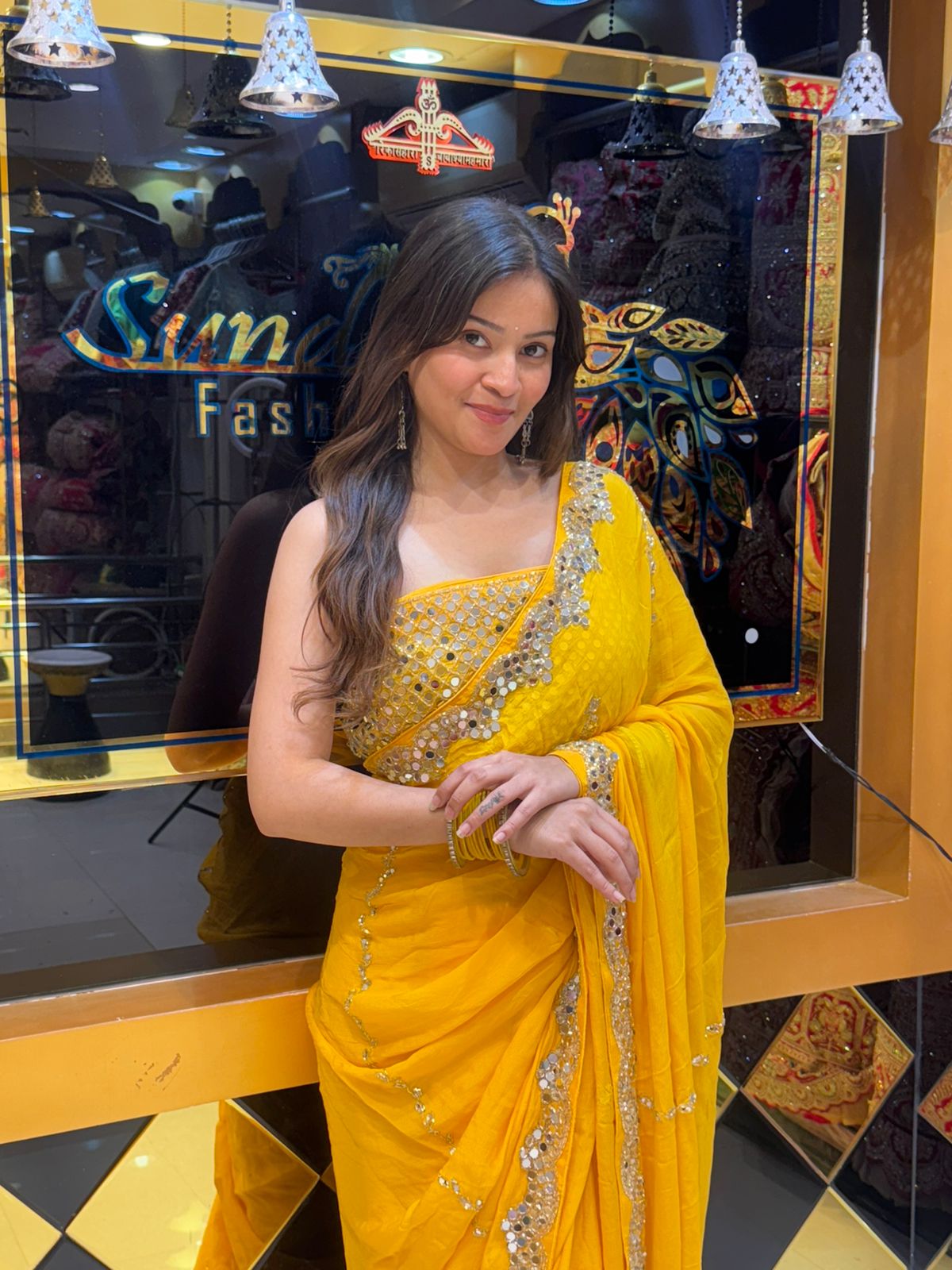 Bright Yellow MirrorWork Saree (814)