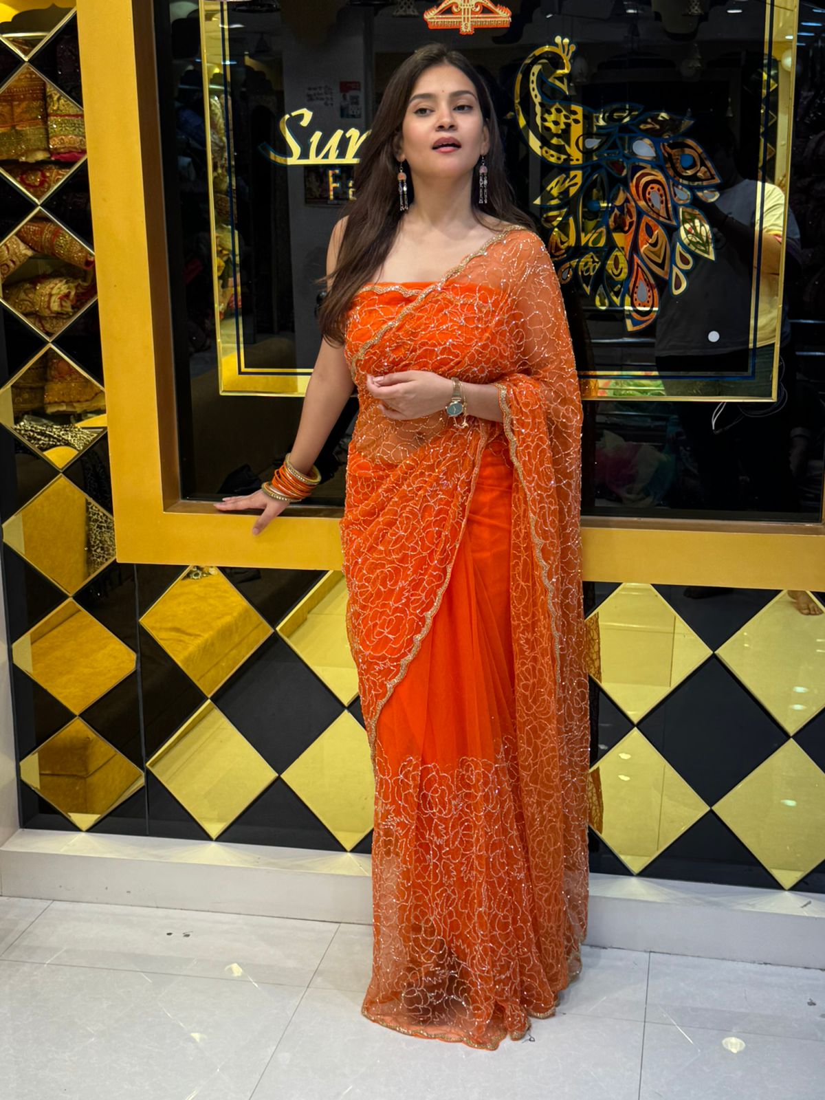 Bright Orange Heavy Handwork Korean Net Silk Saree (107)