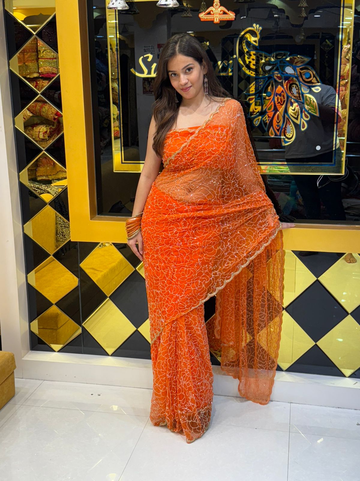 Bright Orange Heavy Handwork Korean Net Silk Saree (107)