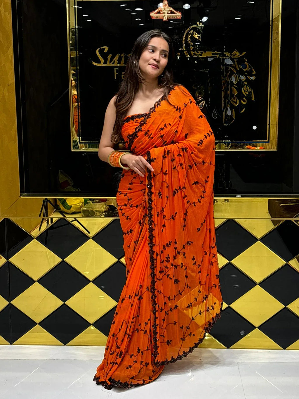 Orange Handwork Pure Chiffon Partywear Saree (113)