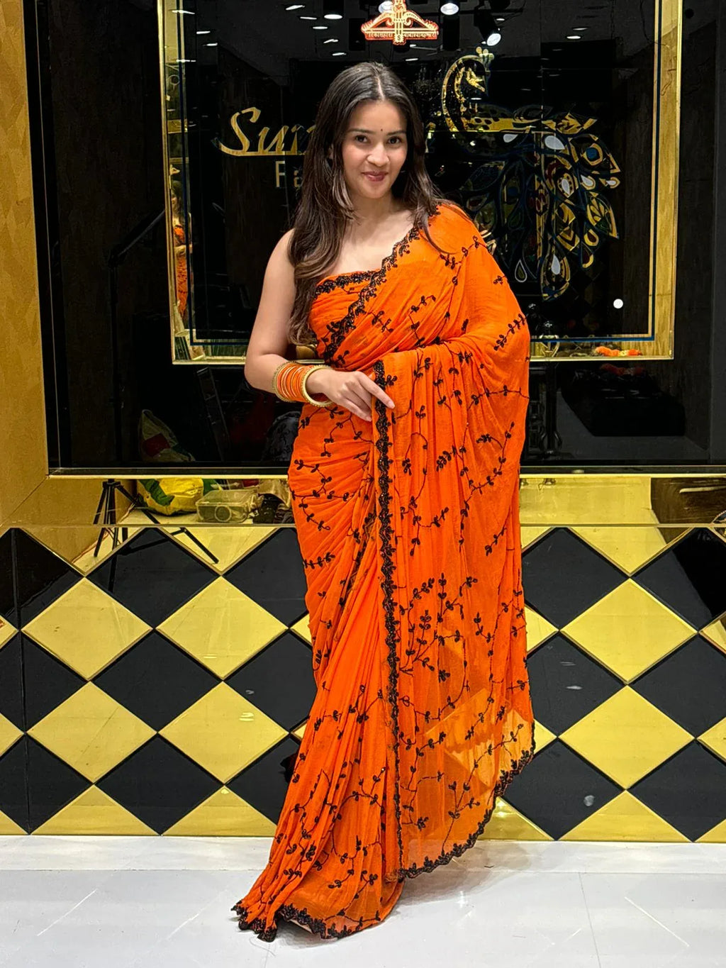 Orange Handwork Pure Chiffon Partywear Saree (113)