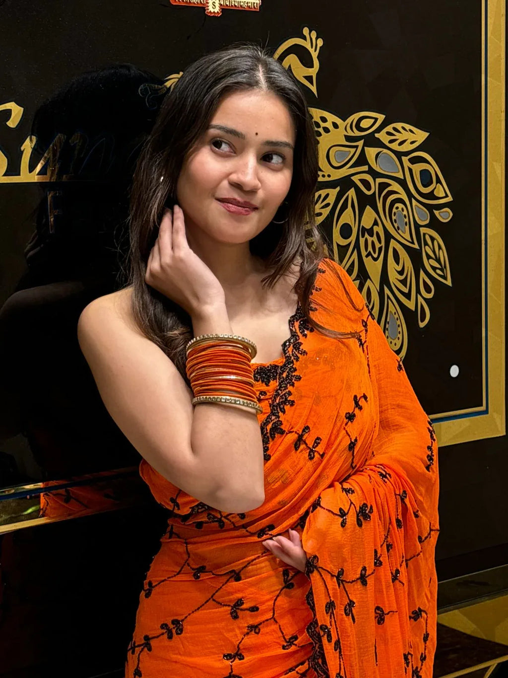 Orange Handwork Pure Chiffon Partywear Saree (113)