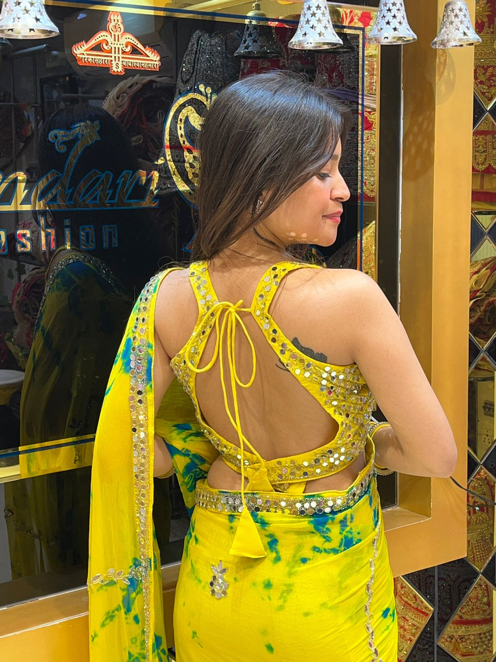 Lemon Yellow Mirrorwork Celebrity Style Saree (109)