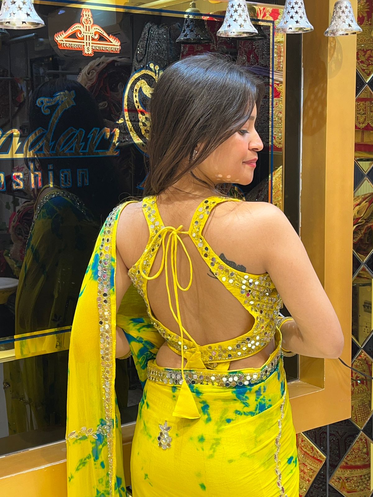 Lemon Yellow Mirrorwork Celebrity Style Saree (109)