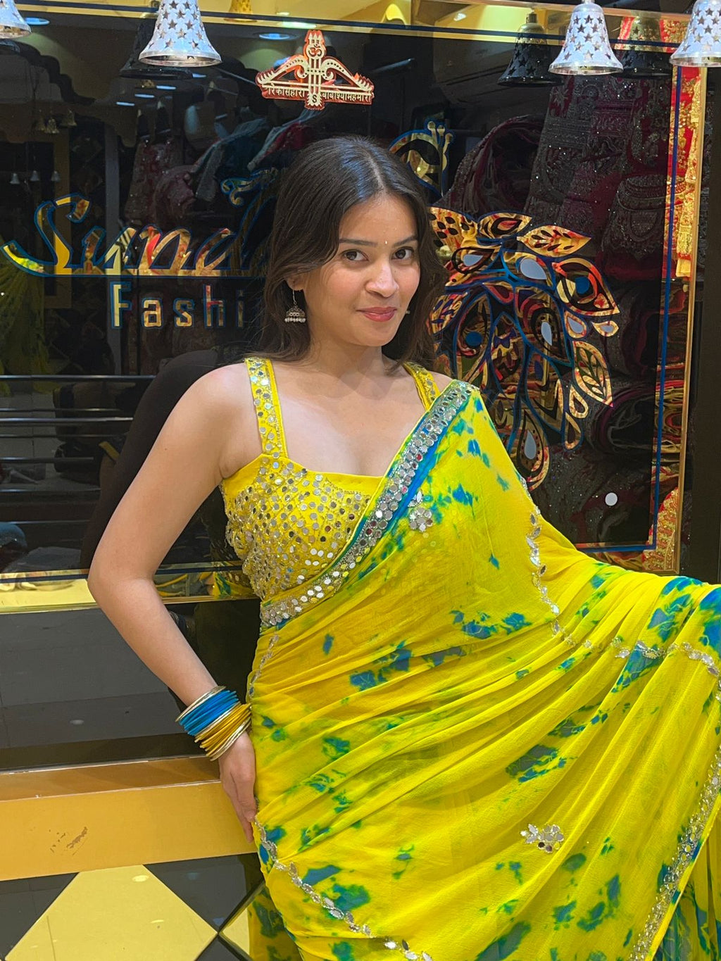 Lemon Yellow Mirrorwork Celebrity Style Saree (109)