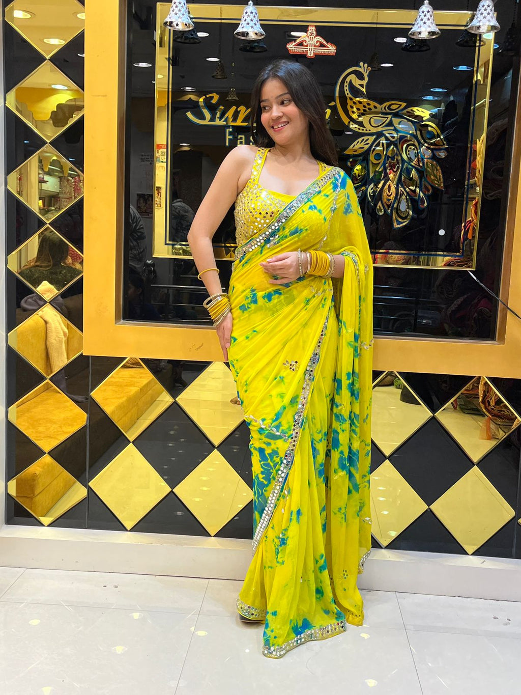 Lemon Yellow Mirrorwork Celebrity Style Saree (109)
