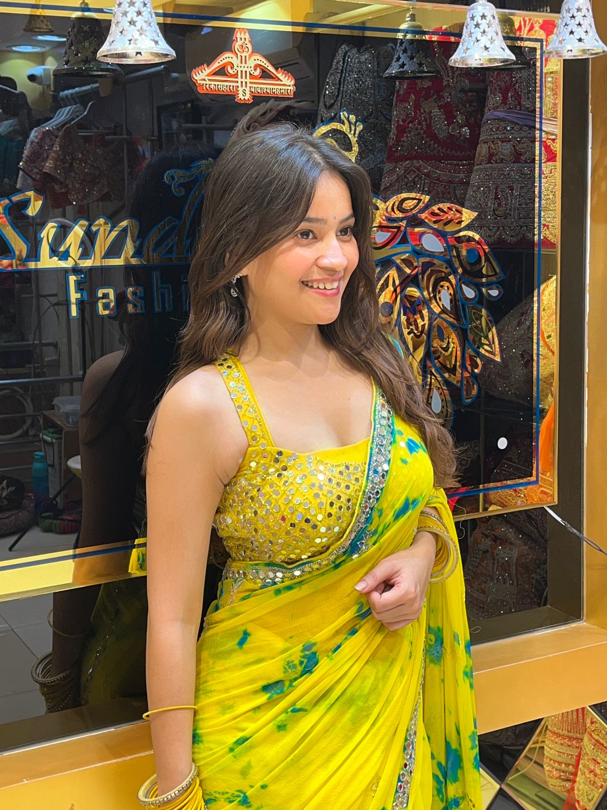 Lemon Yellow Mirrorwork Celebrity Style Saree (109)