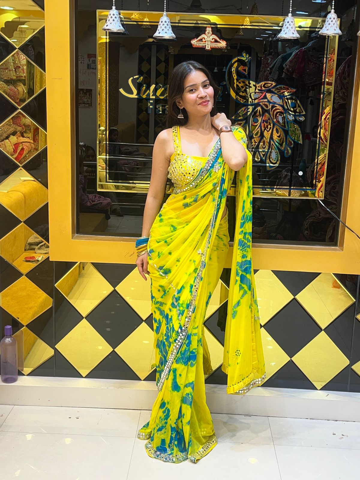 Lemon Yellow Mirrorwork Celebrity Style Saree (109)