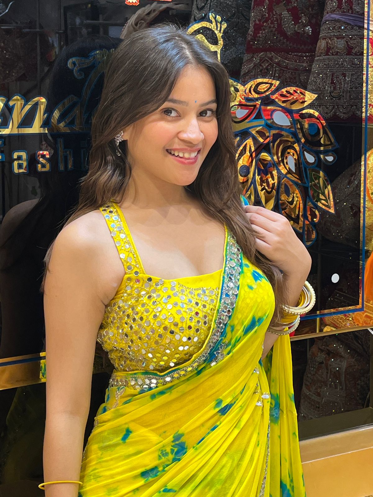 Lemon Yellow Mirrorwork Celebrity Style Saree (109)