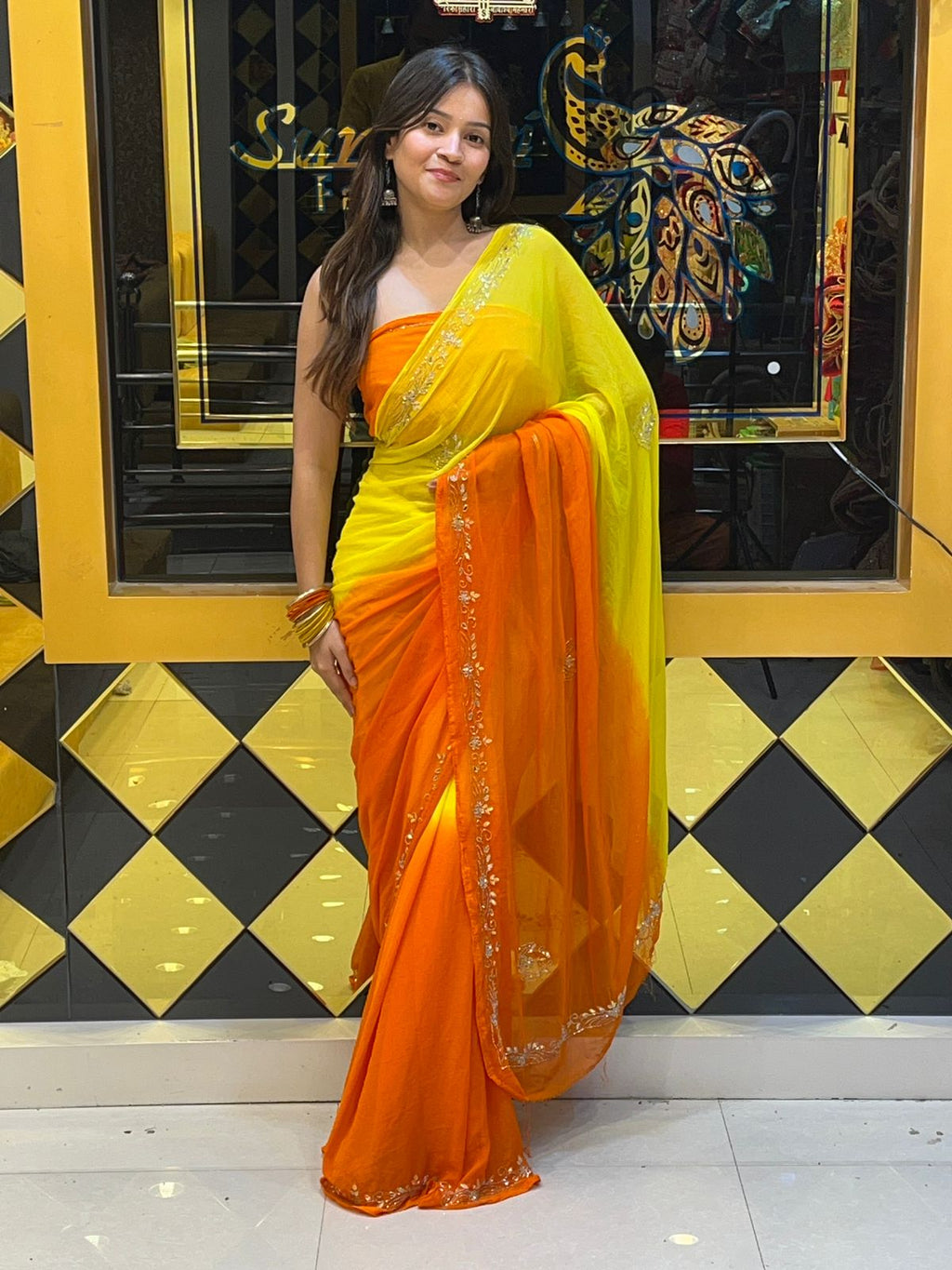 Dual Shade Sunshine Handwork Pure Chiffon Saree (112)