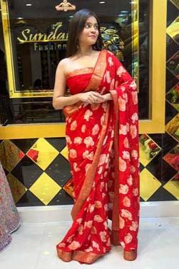 Bright Red with Printed Flowers Pure Chiffon Saree