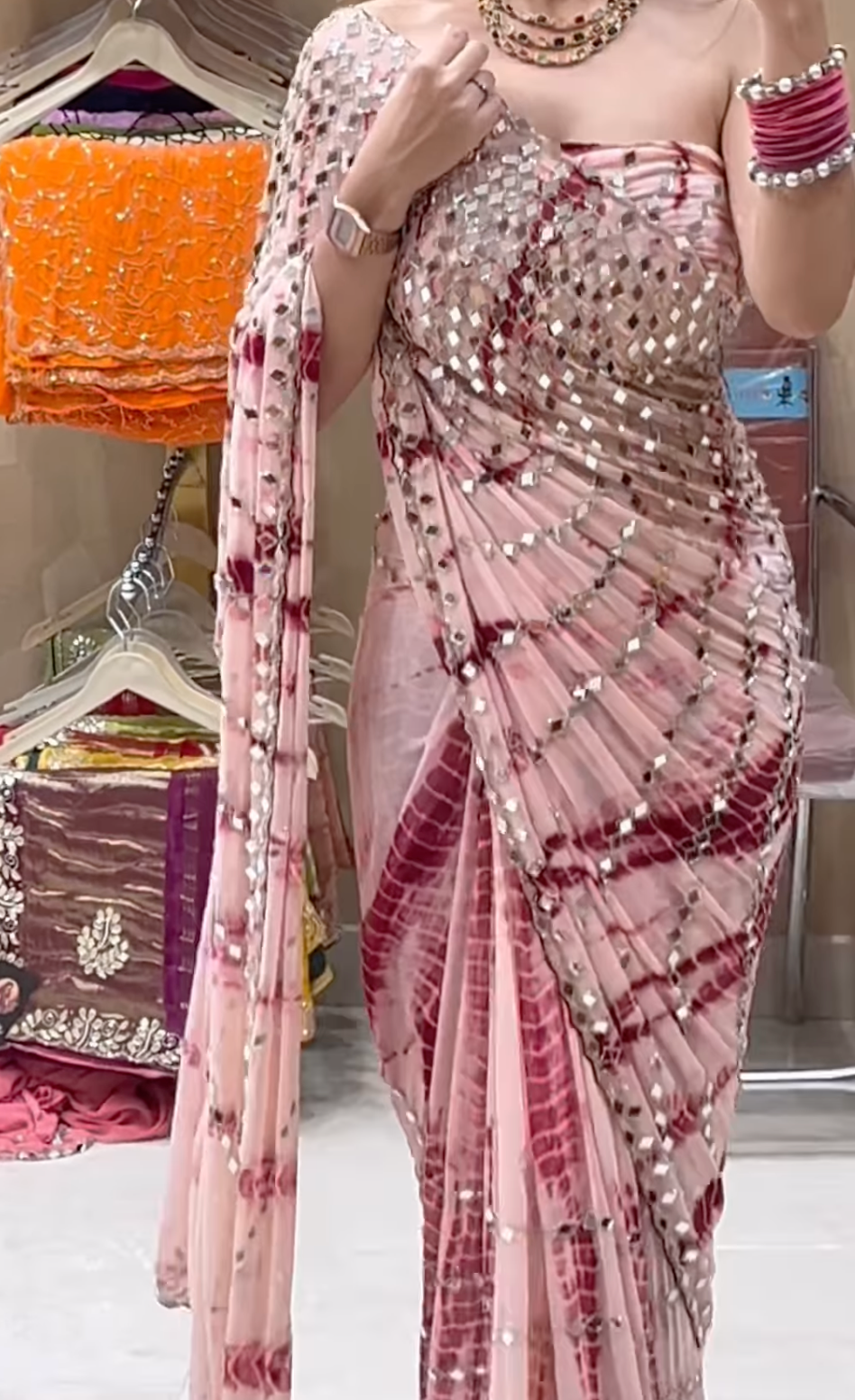 Pink Shibori Full Original Mirror Work Saree (287)