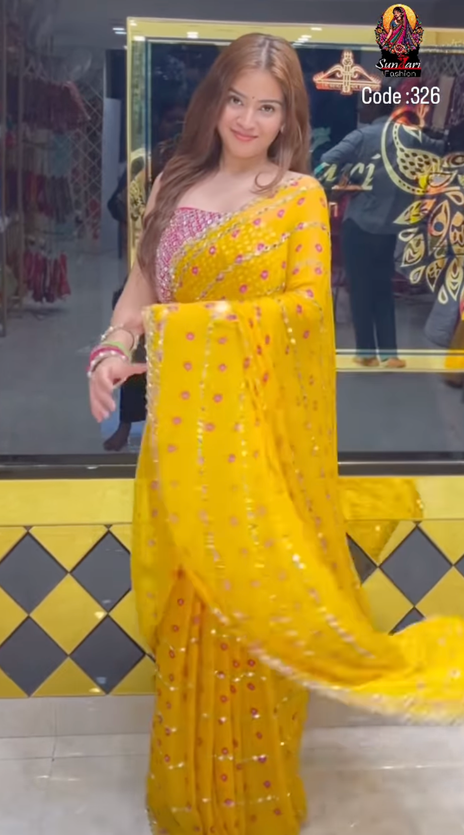 Pure Chiffon Bandhani Mirror Work Saree (326)