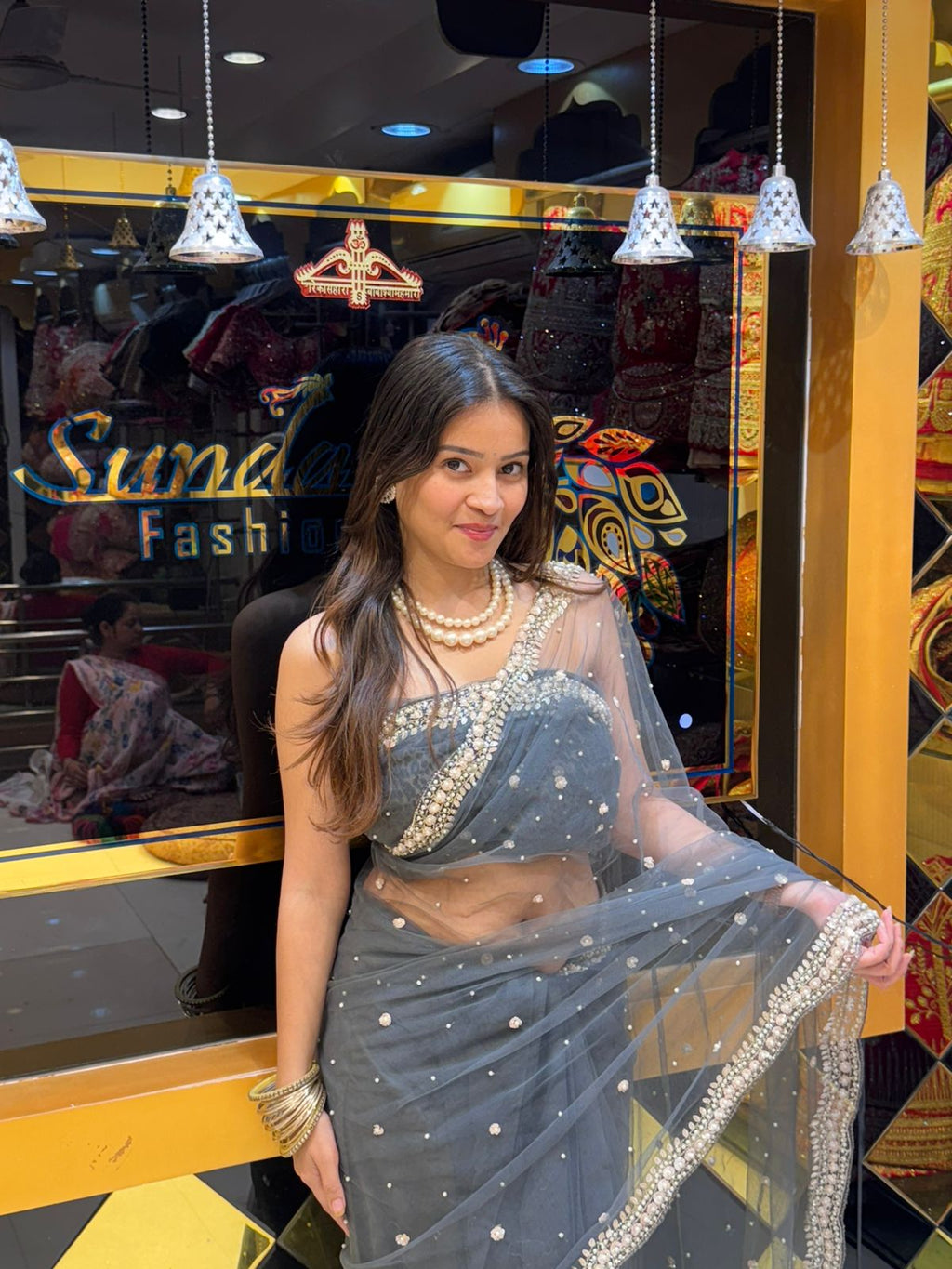 Grey Pearl Work Partywear Saree (106)