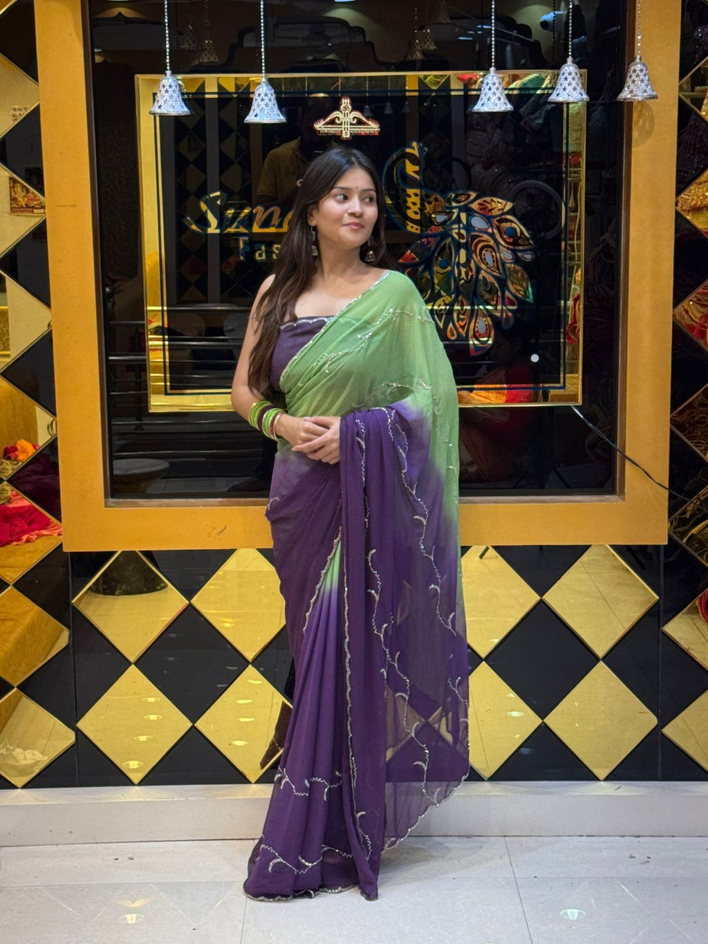 Green & Purple Elegant Handwork Saree (115)