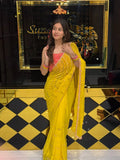 Yellow Beautiful Handwork With Contrast Pink Blouse Saree (117)
