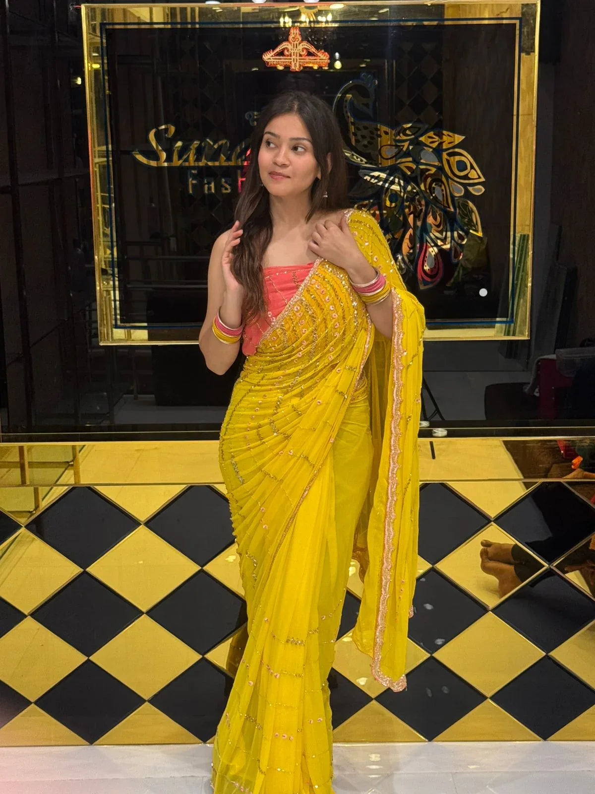 Yellow Beautiful Handwork With Contrast Pink Blouse Saree (117)
