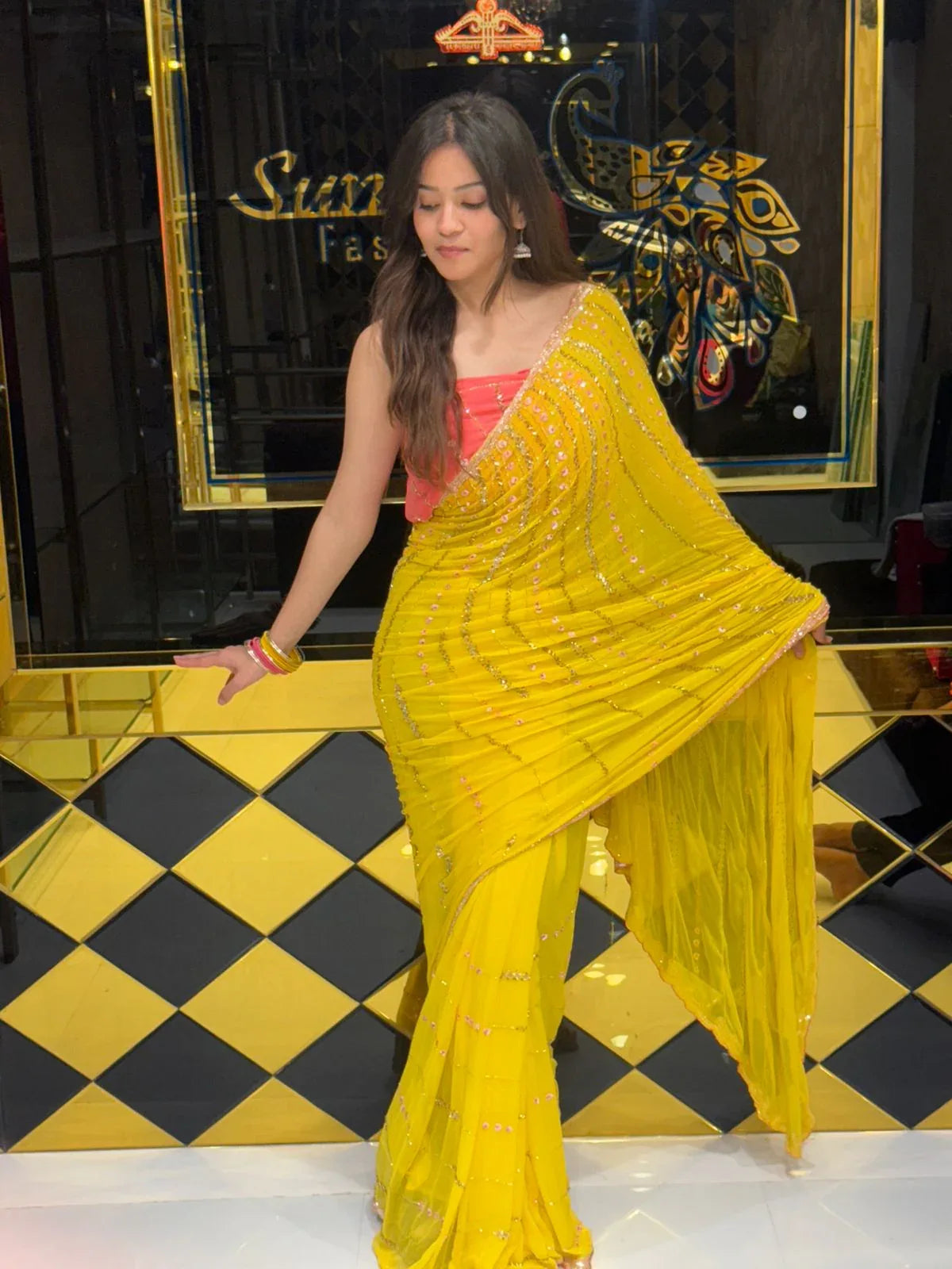 Yellow Beautiful Handwork With Contrast Pink Blouse Saree (117)