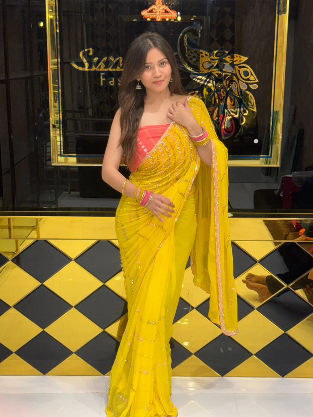 Yellow Beautiful Handwork With Contrast Pink Blouse Saree (117)