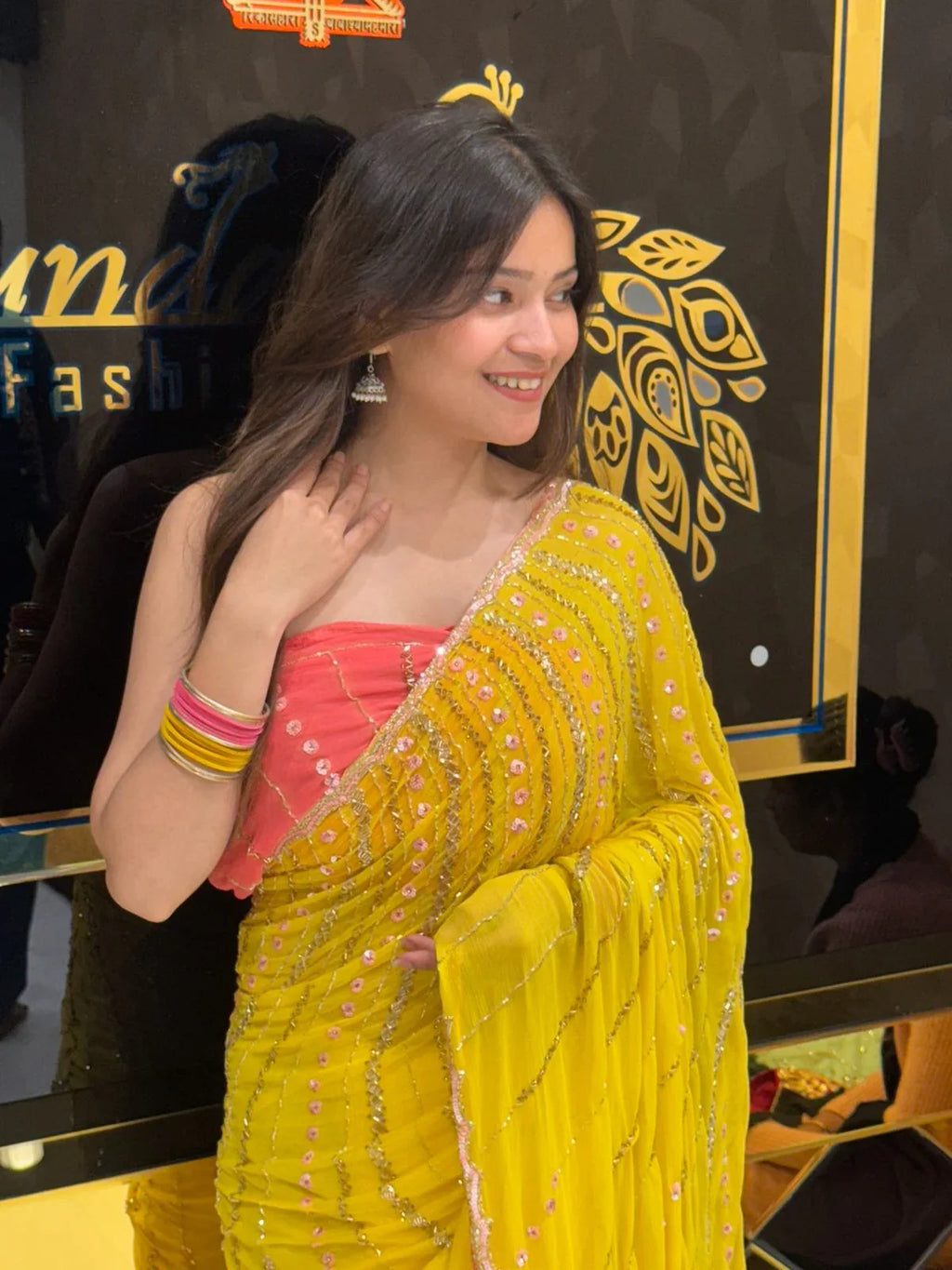 Yellow Beautiful Handwork With Contrast Pink Blouse Saree (117)
