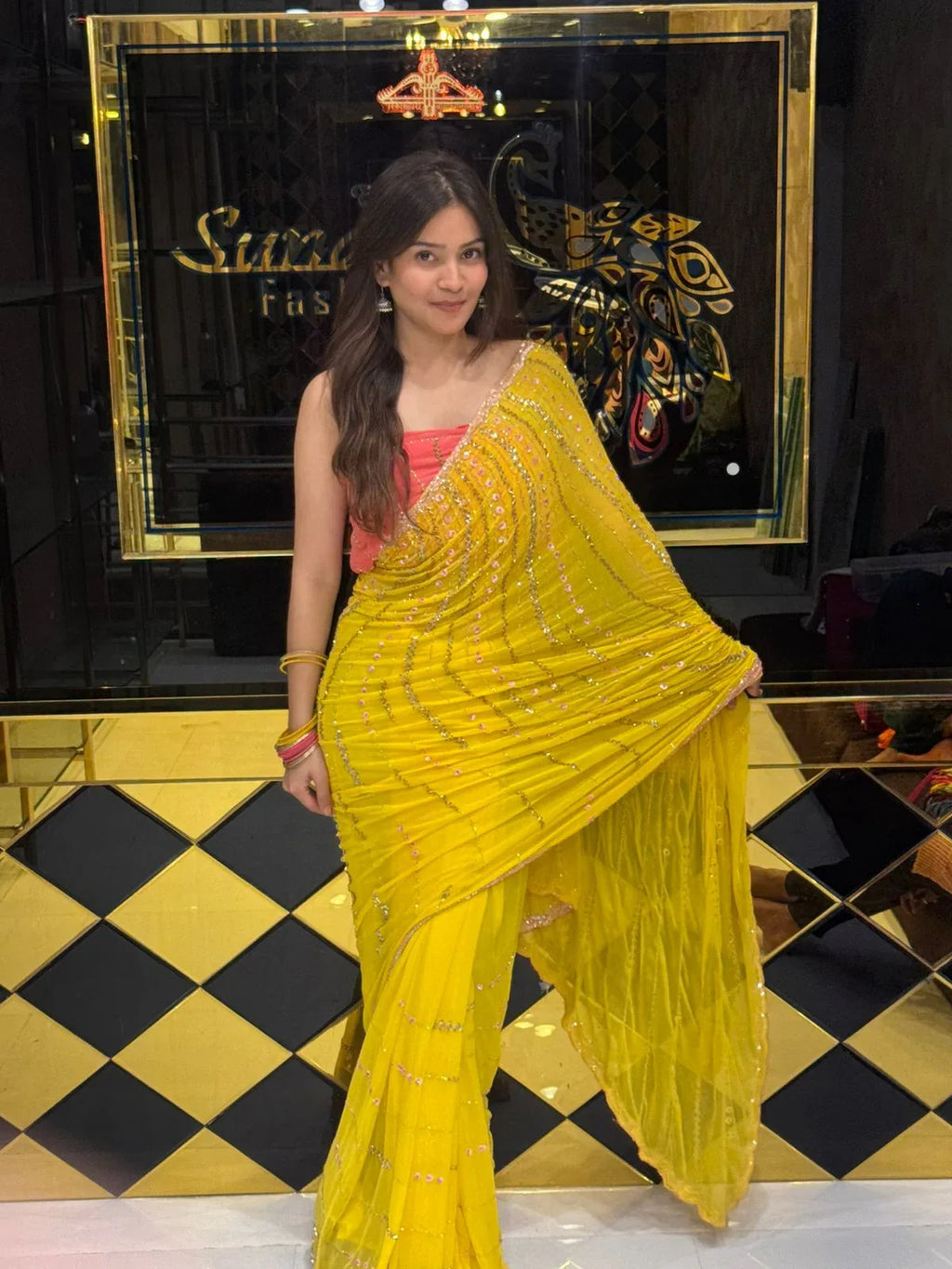 Yellow Beautiful Handwork With Contrast Pink Blouse Saree (117)