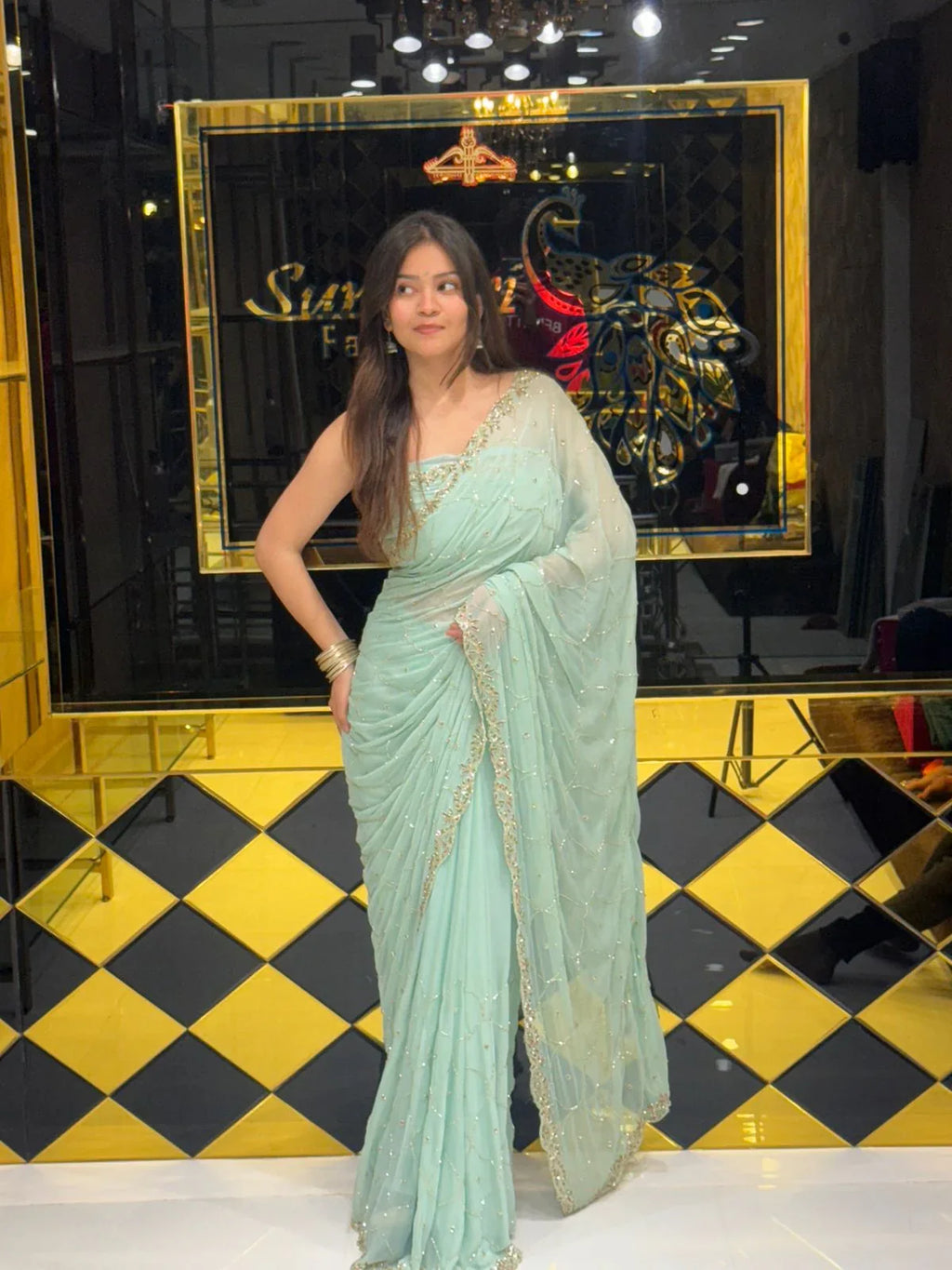 Ice Blue Handwork Pure Chiffon Saree (118)