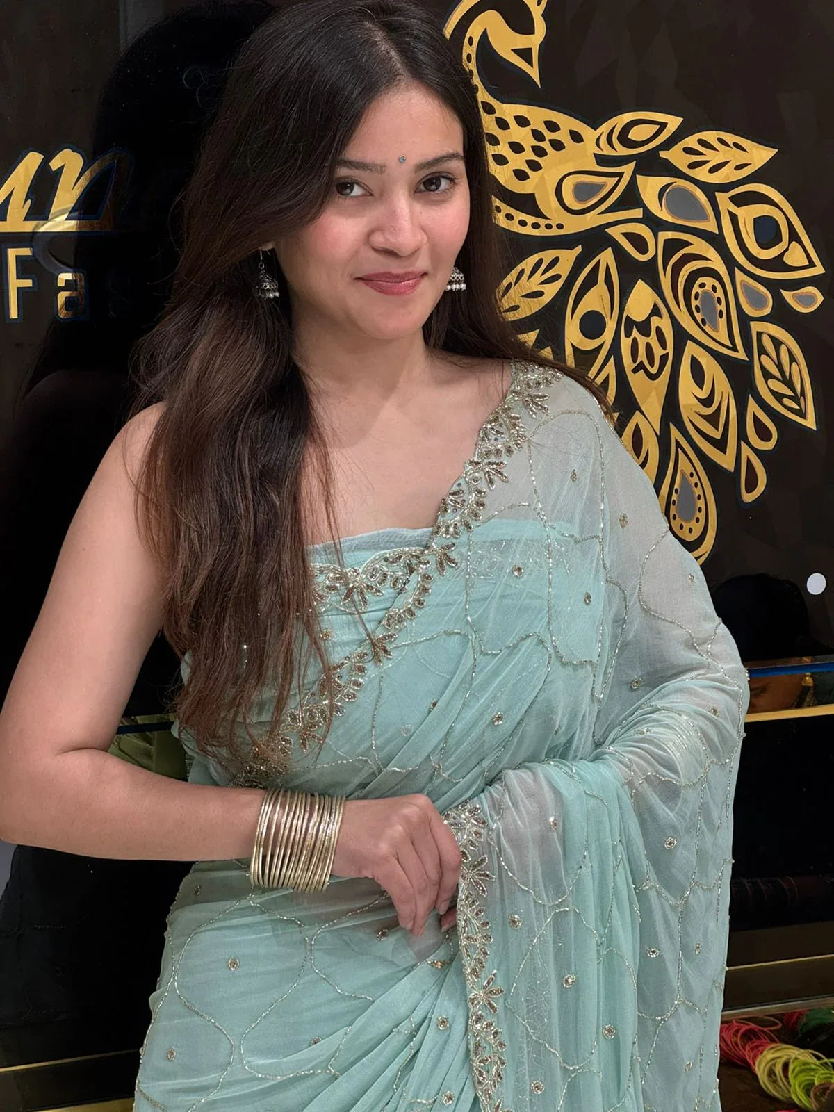 Ice Blue Handwork Pure Chiffon Saree (118)