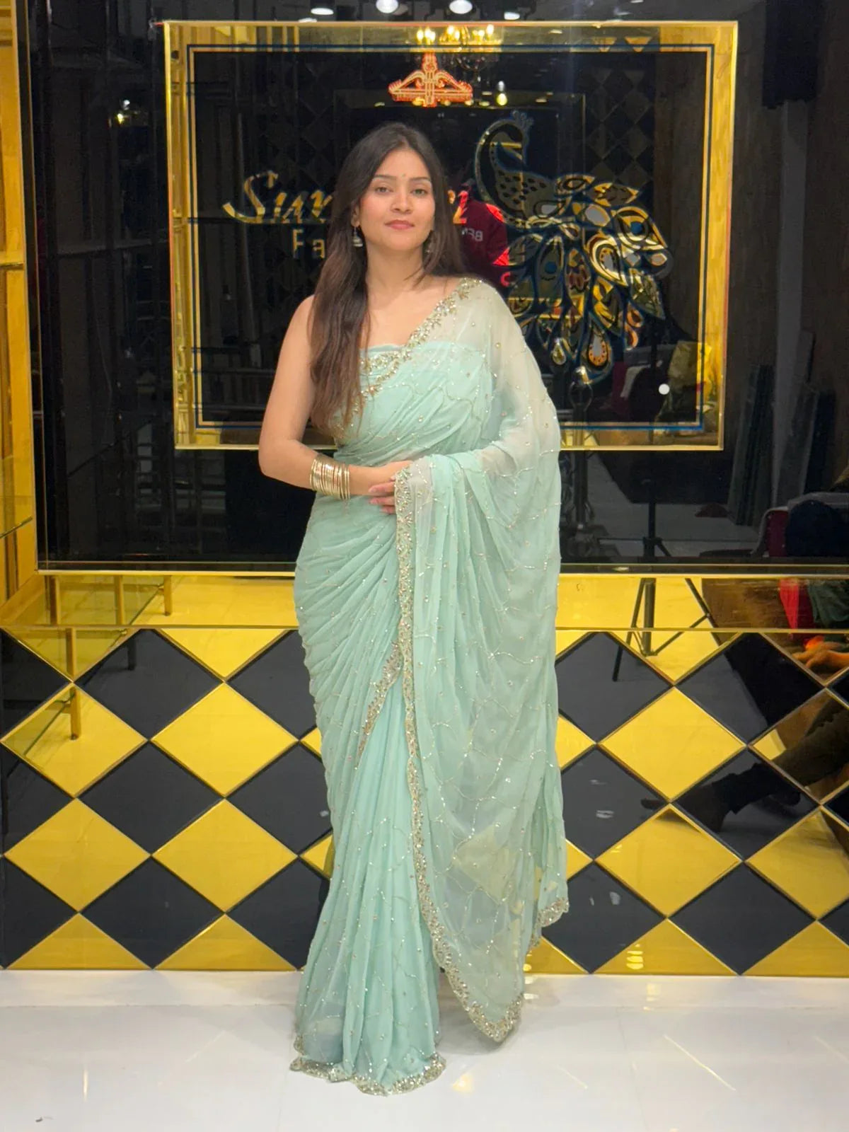 Ice Blue Handwork Pure Chiffon Saree (118)