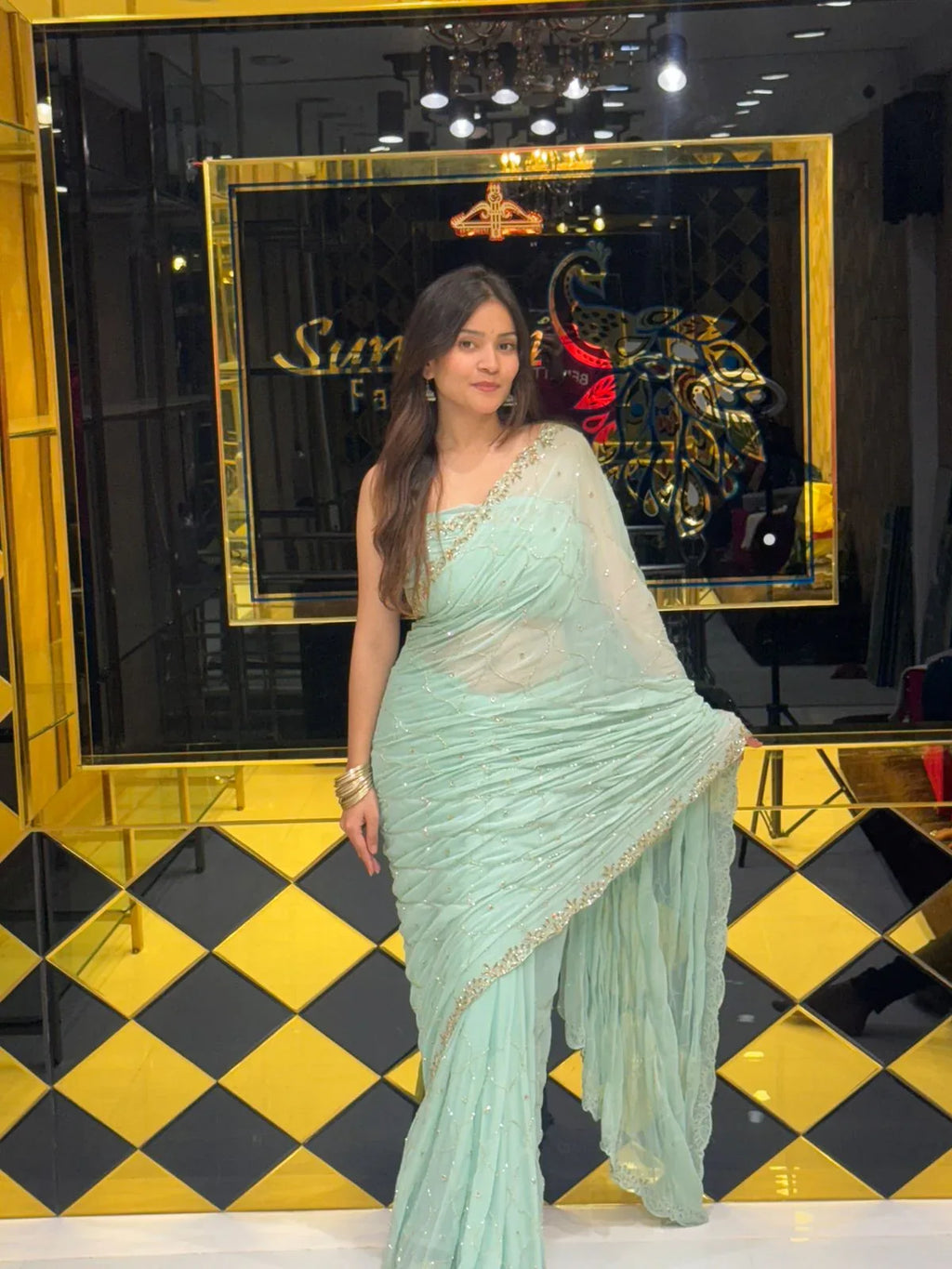 Ice Blue Handwork Pure Chiffon Saree (118)