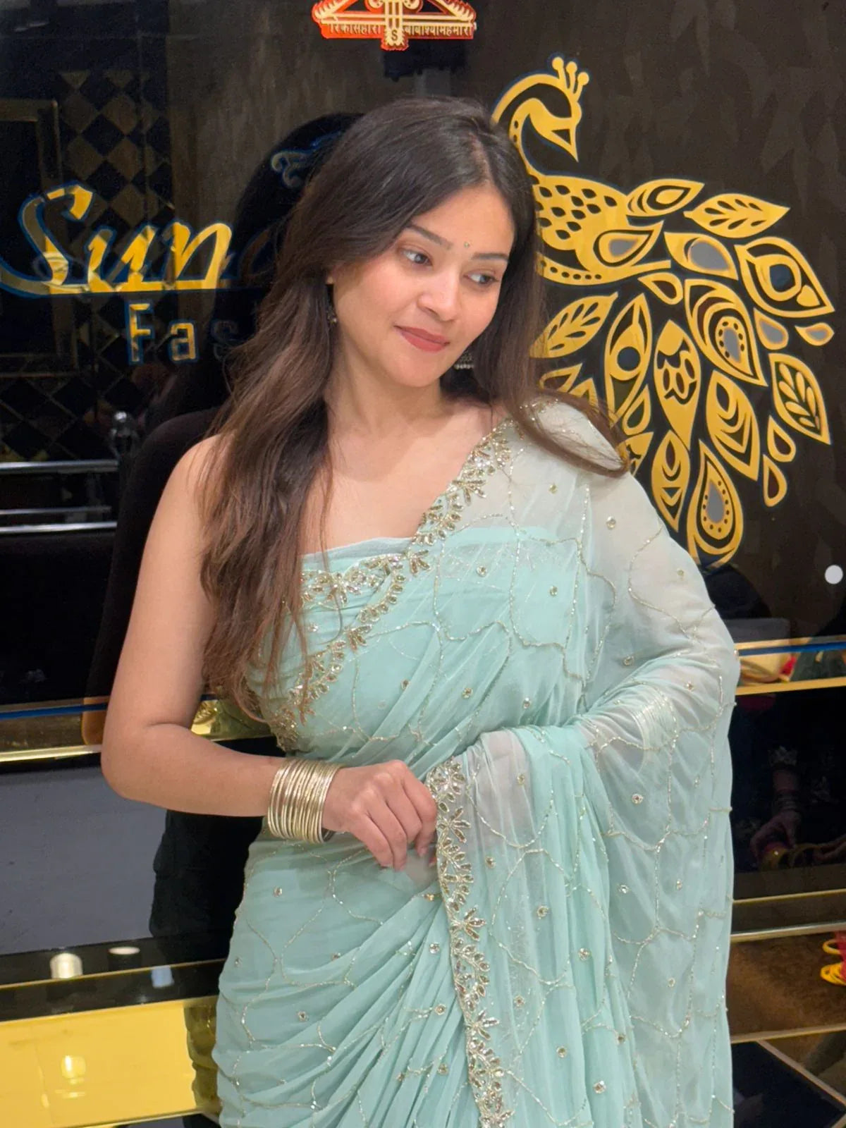 Ice Blue Handwork Pure Chiffon Saree (118)