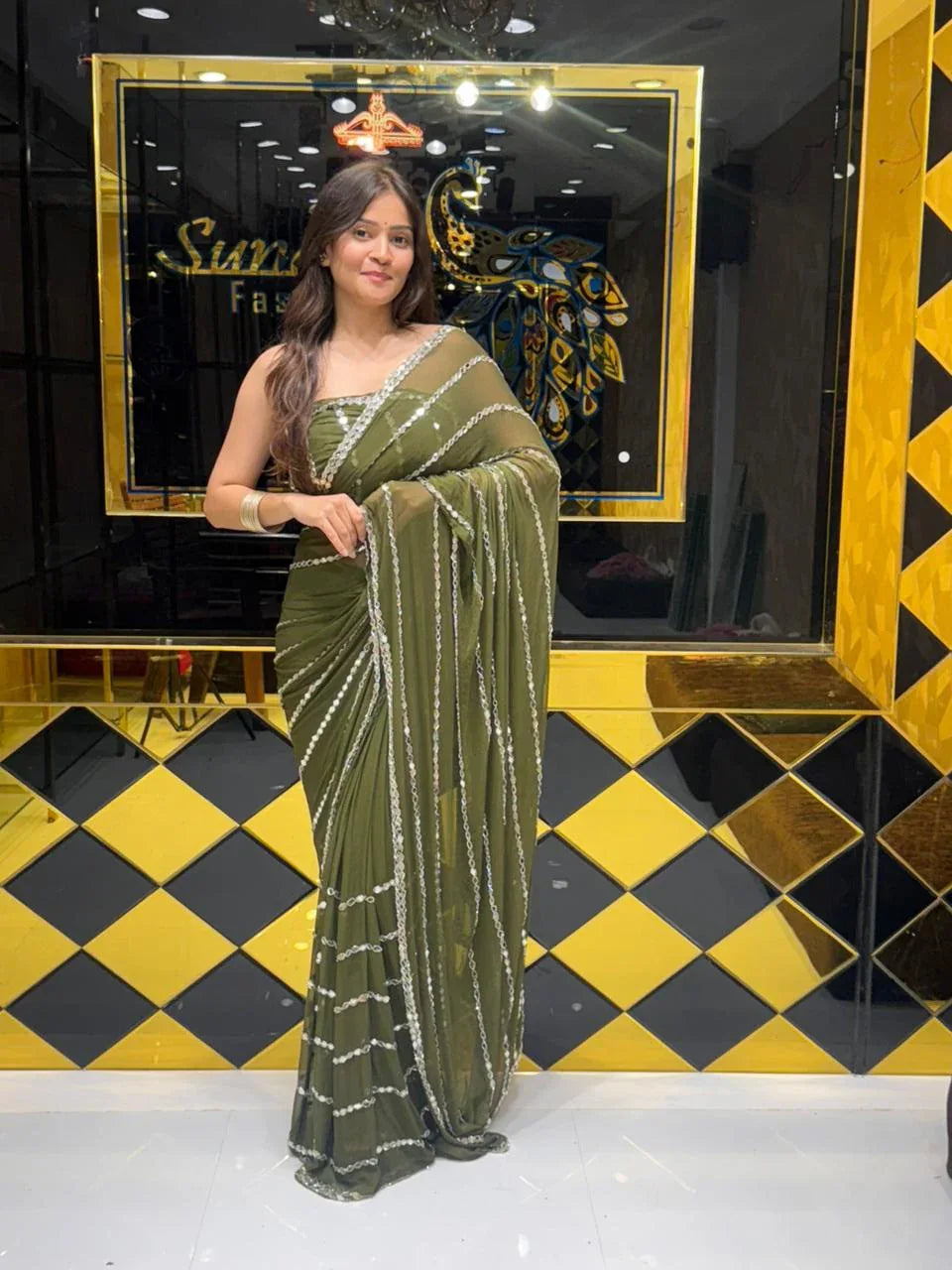 Green Original Mirror Work Saree (120)