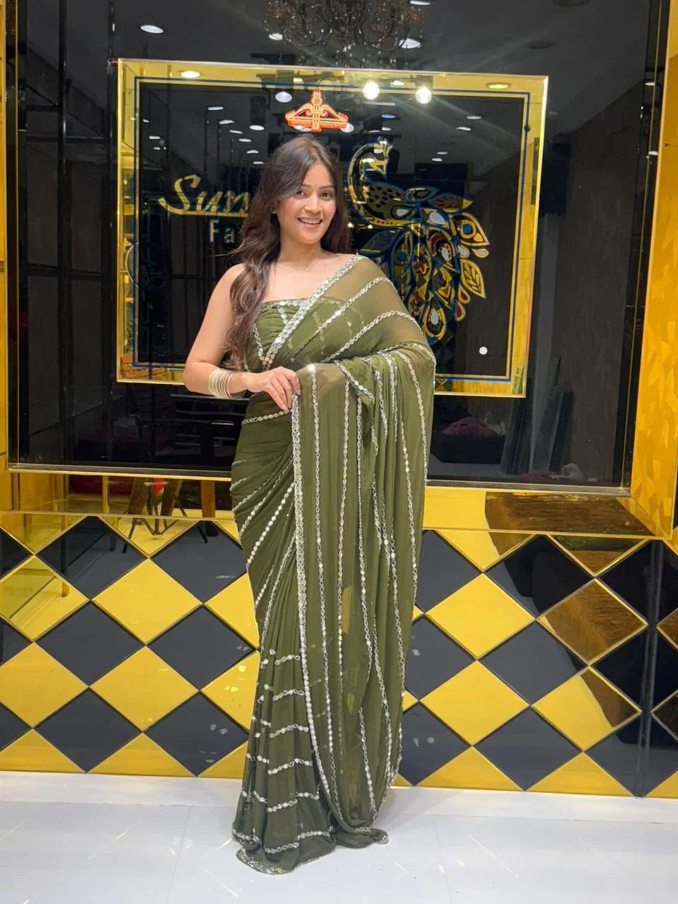 Green Original Mirror Work Saree (120)