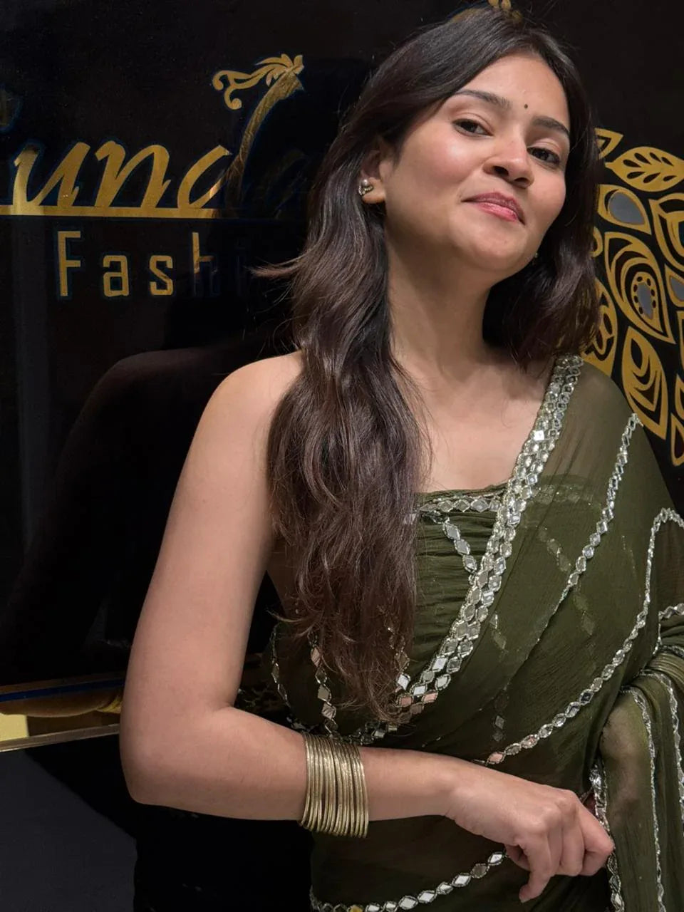 Green Original Mirror Work Saree (120)