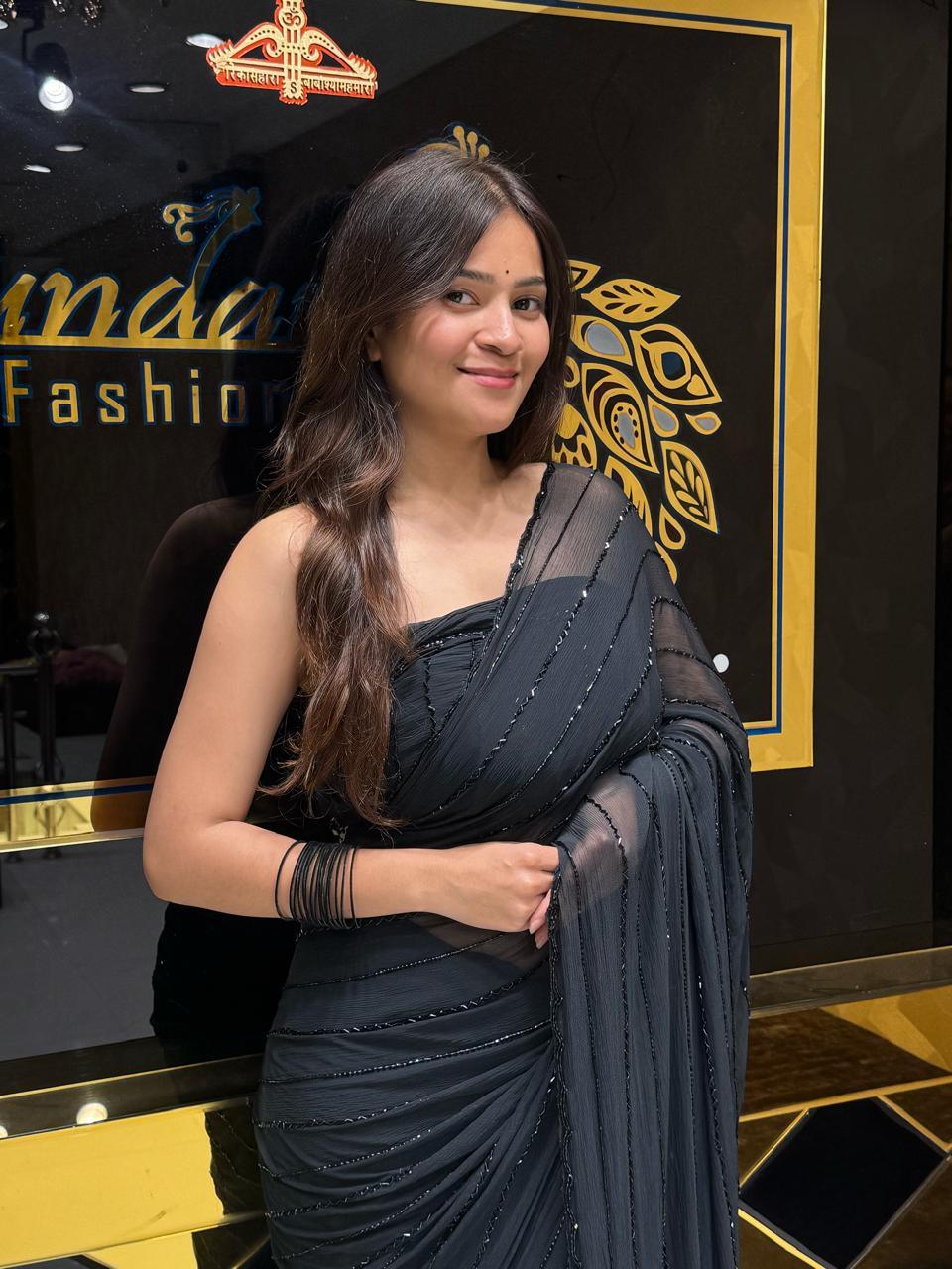 Bold Black Cocktail Wear Handwork Pure Chiffon Saree (121)