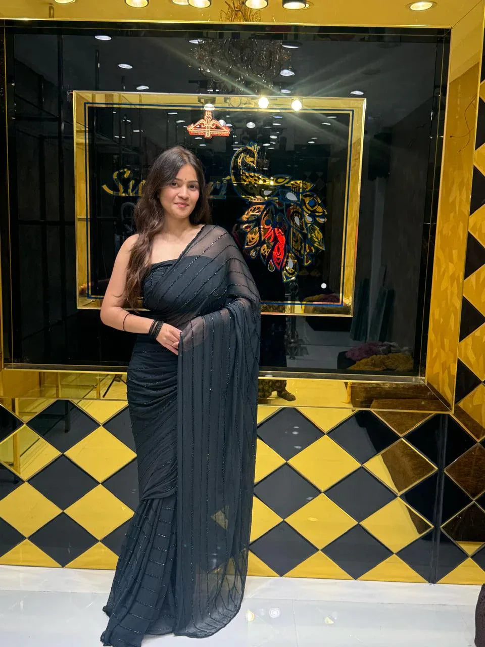 Bold Black Cocktail Wear Handwork Pure Chiffon Saree (121)