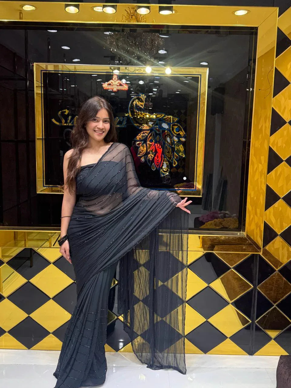 Bold Black Cocktail Wear Handwork Pure Chiffon Saree (121)