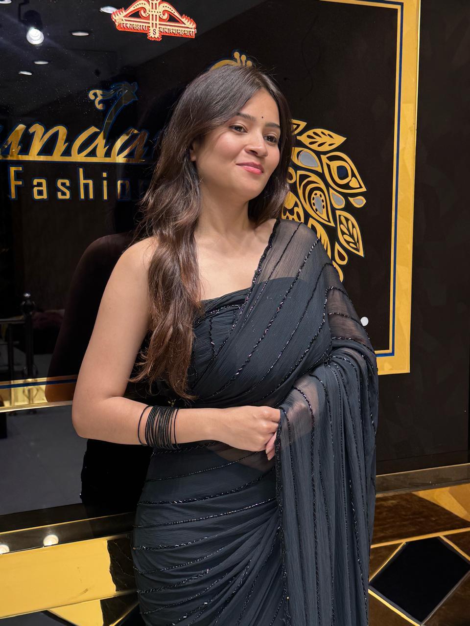 Bold Black Cocktail Wear Handwork Pure Chiffon Saree (121)