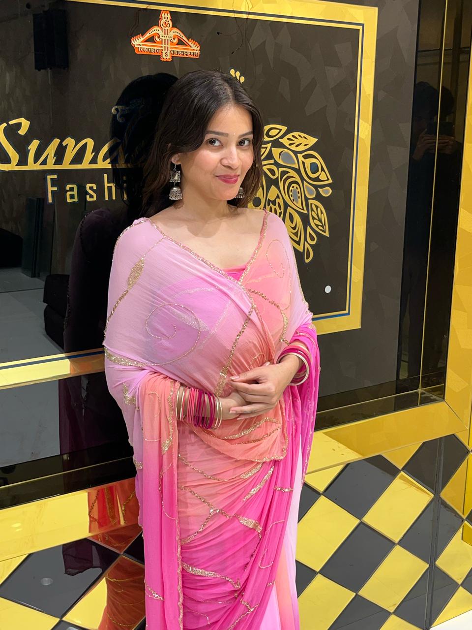 Pink Ombre PartyWear Handwork Saree (137)