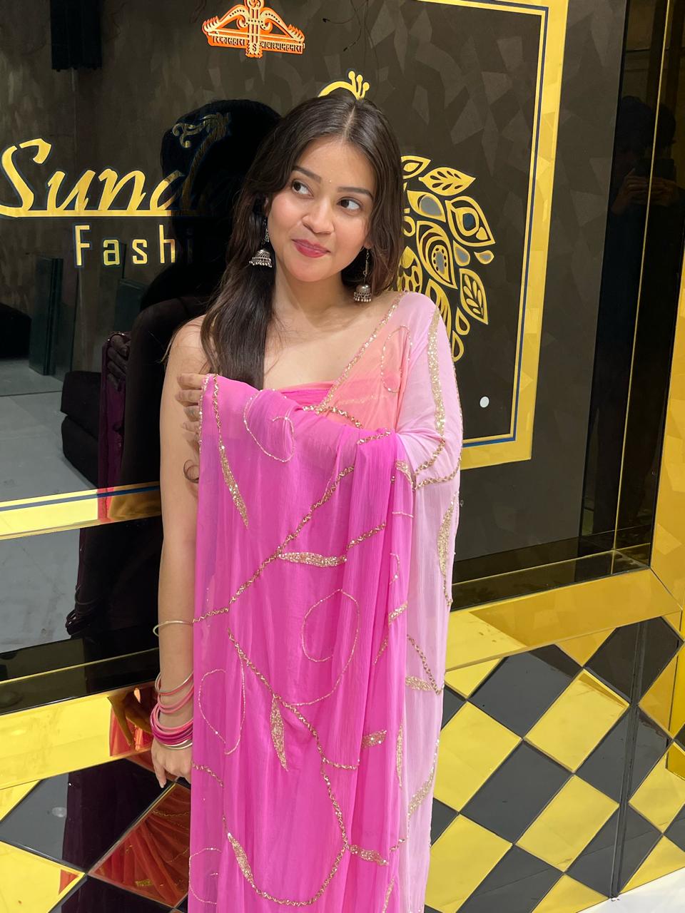 Pink Ombre PartyWear Handwork Saree (137)