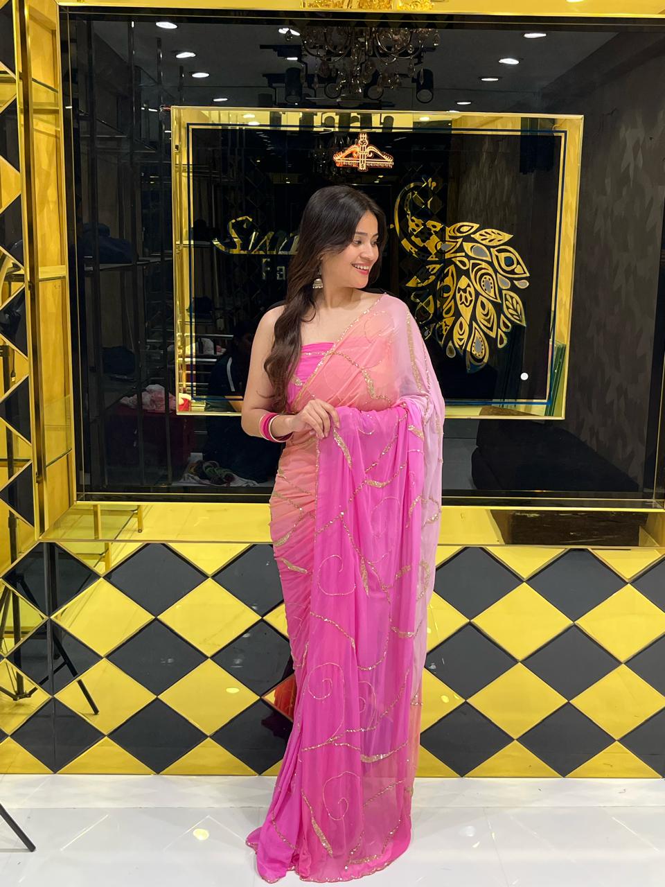 Pink Ombre PartyWear Handwork Saree (137)