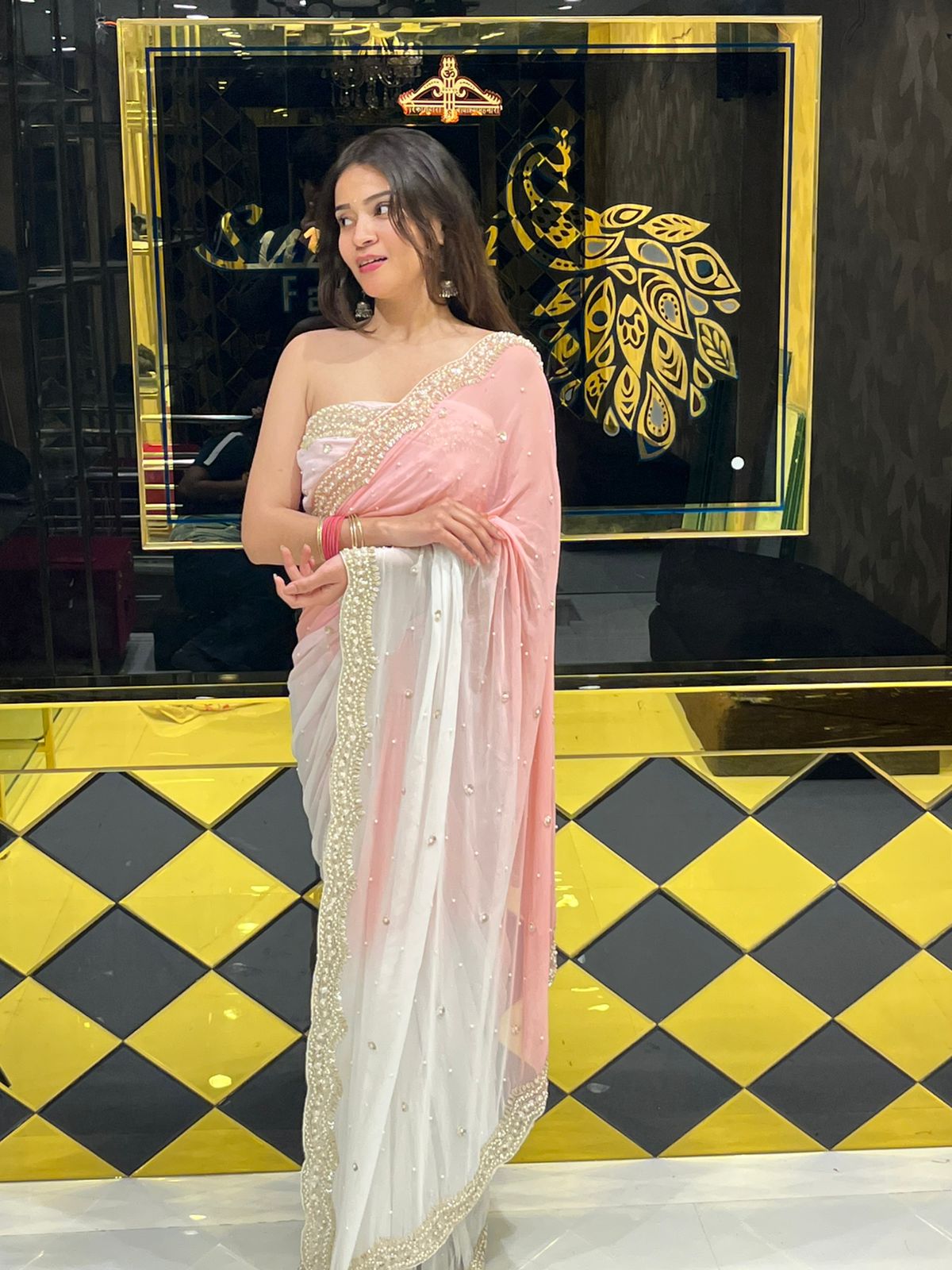 Stunning Pearl Work Dual Shade Saree (138)