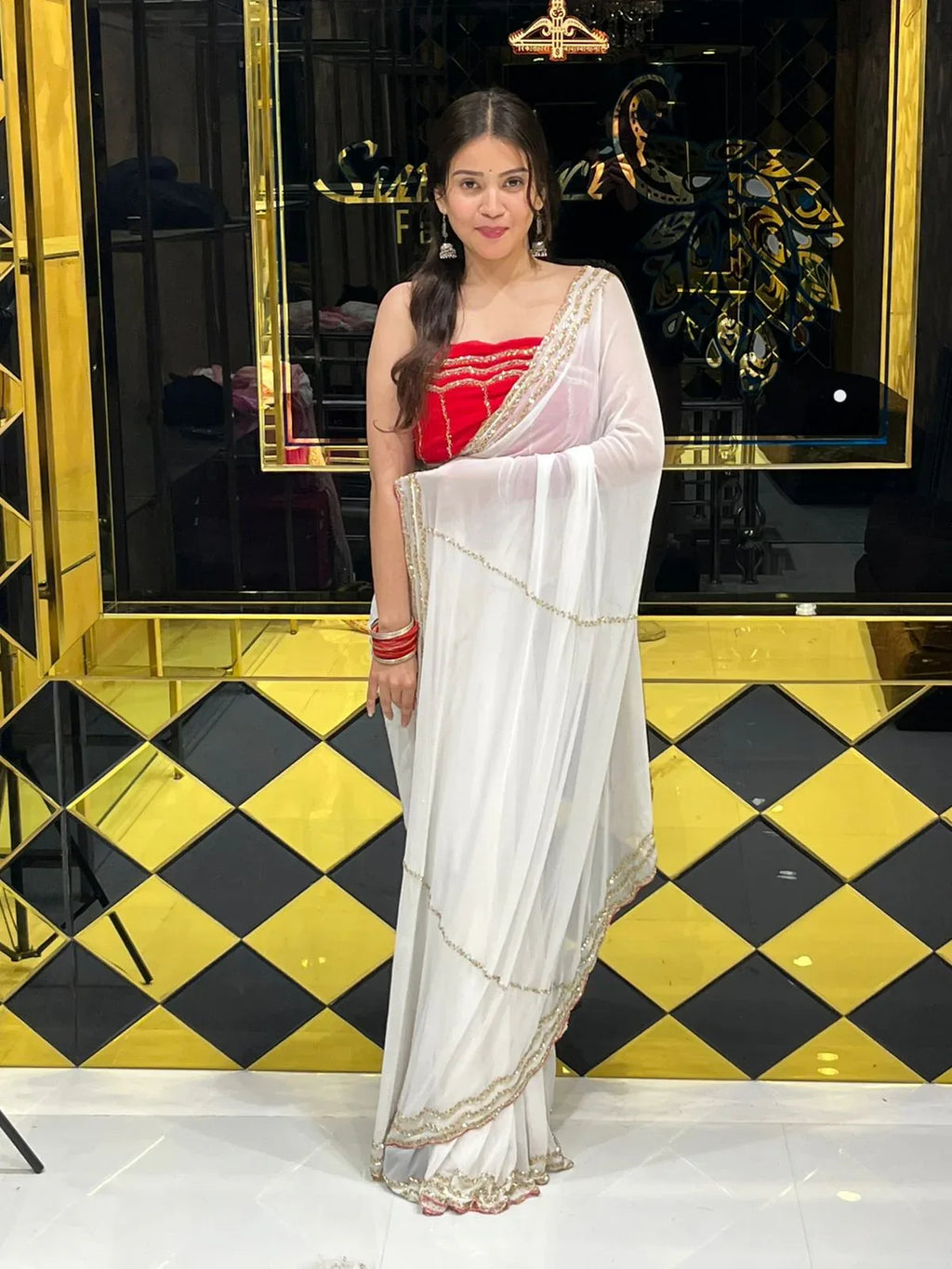 White Saree with Red Blouse Pure Chiffon Saree (140)