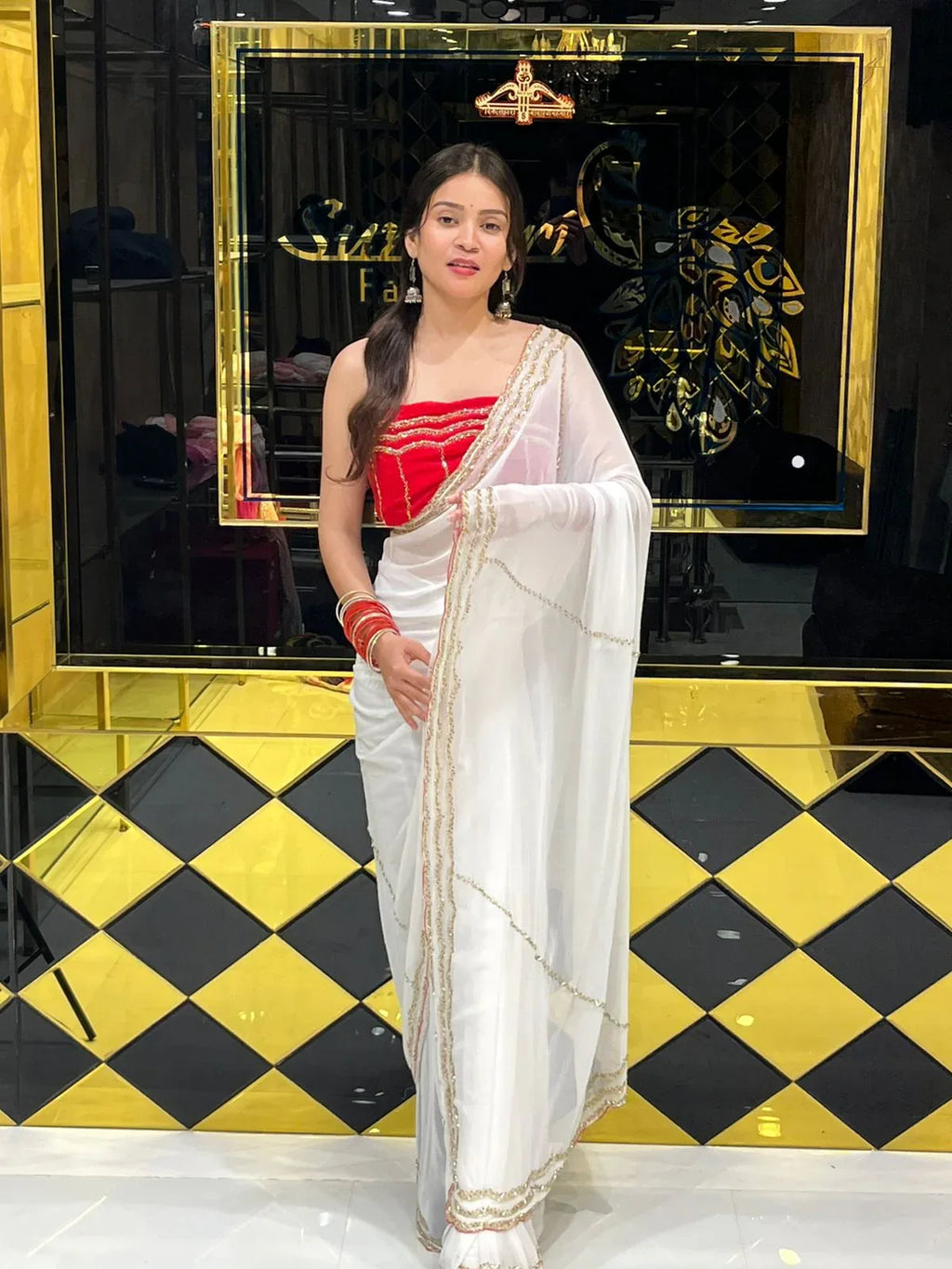 White Saree with Red Blouse Pure Chiffon Saree (140)