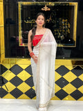 White Saree with Red Blouse Pure Chiffon Saree (140)