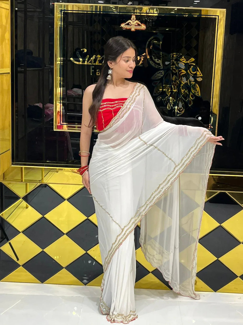 White Saree with Red Blouse Pure Chiffon Saree (140)
