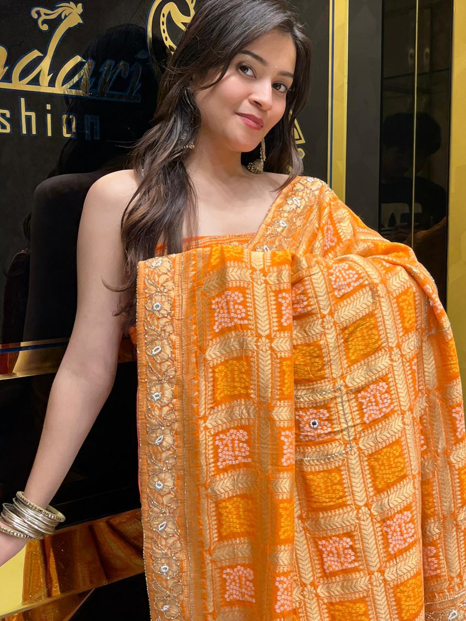 Orange Premium Khaddi Georgette Handwork saree (141)