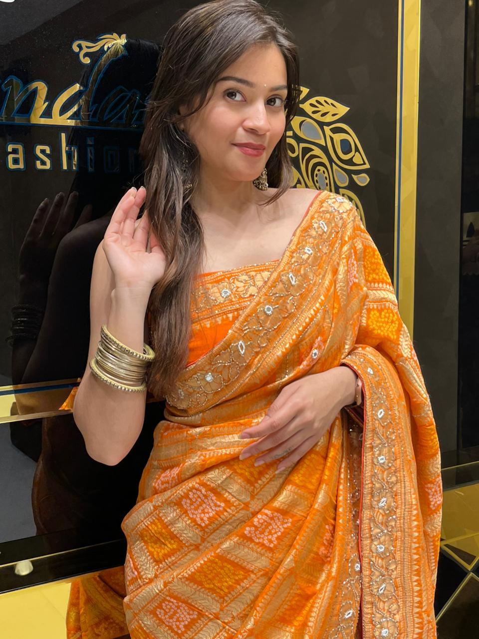 Orange Premium Khaddi Georgette Handwork saree (141)